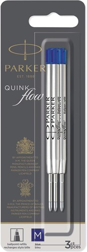 Parker Quinkflow recharge pour stylo bille, pointe moyenne, bleu, blister de 3 pièces