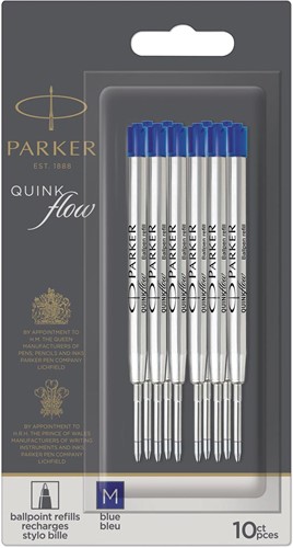 Parker Quinkflow recharge pour stylo bille, pointe moyenne, bleu, blister de 10 pièces