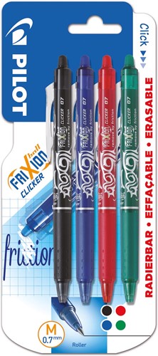 Roller rétractable Pilot FriXion Ball Clicker, pointe medium, 0,7 mm, blister de 4 pièces