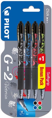 Pilot gelroller G-2 medium, blister van 4 stuks (3 + 1 GRATIS) in geassorteerde kleuren