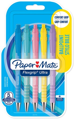 Paper Mate balpen Flexgrip Pastel RT, medium, blauwe inkt, blister van 5 stuks, assorti 5 Stuk