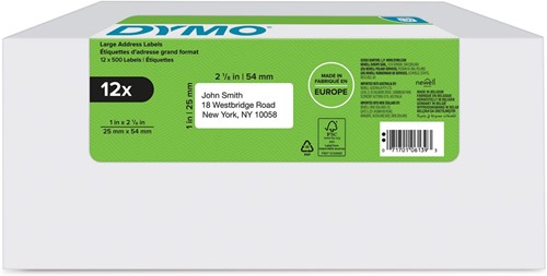 Dymo etiketten LabelWriter ft 25 x 54 mm, wit, doos van 12 x 500 etiketten 12 Rol