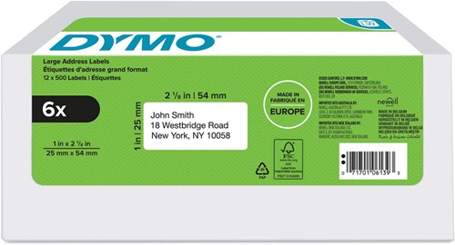 Dymo étiquettes LabelWriter, ft 25 x 54 mm, blanc, boîte de 6 x 500 étiquettes 6 Rol