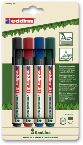 Edding permanent marker Ecoline e-21 set van 4 stuks in geassorteerde kleuren 4 Stuk