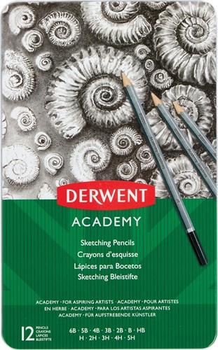 Derwent crayon graphite Academy, boîte métallique de 12 pièces: 6B-5B-4B-3B-2B-B-HB-H-2H-3H-4H-5H