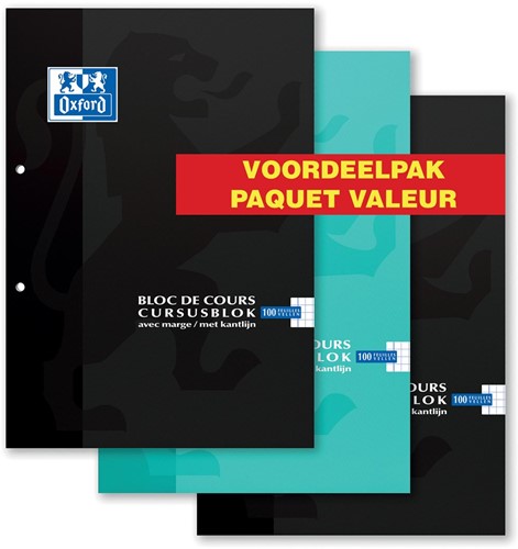 Oxford bloc de cours offre spécial de 3 pièces, couleurs assorties, ft A4, 100 feuilles, quadrillé 5 mm