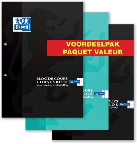 Oxford bloc de cours offre spécial de 3 pièces, couleurs assorties, ft A4, 100 feuilles, ligné