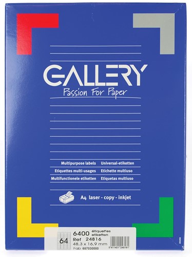 Gallery étiquettes blanches ft 48,3 x 16,9 mm (l x h), coins arrondis, 64 par feuille
