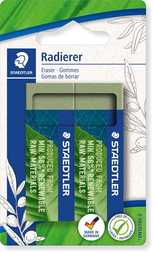 Staedtler gomme Eco, vert olive, ft 65 x 23 x 13 mm, blister de 2 pièces