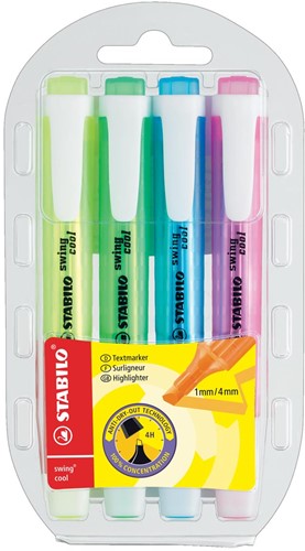 STABILO swing cool markeerstift, blister van 4 stuks in geassorteerde kleuren 4 Stuk