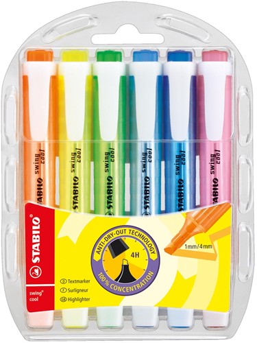 Stabilo markeerstift Swing Cool, blister van 6 stuks in geassorteerde kleuren