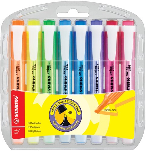 STABILO swing cool markeerstift, blister van 8 stuks in geassorteerde kleuren