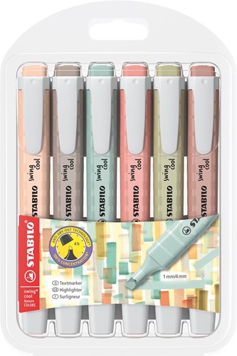STABILO SWING COOL naturecolor markeerstift, geassorteerde kleuren, blister van 6 stuks