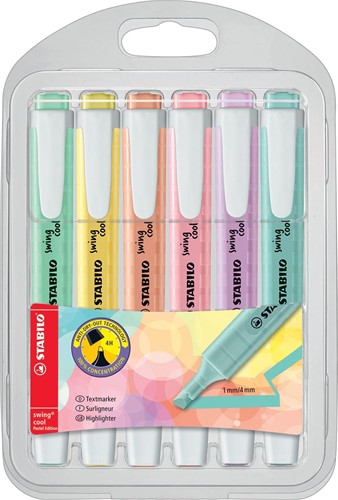 STABILO swing cool pastel markeerstift, plastic etui van 6 stuks in geassorteerde kleuren 6 Stuk