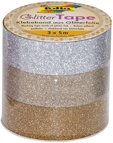 Folia glittertape zilver en goud rolletje met 3 stuks 3X5MTR Rol