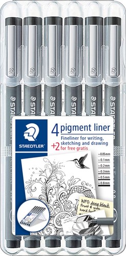 Staedtler pigment liner fineliner, pointe ronde, différentes largeurs de trait, etui de 4 + 2, noir 6 Stuk