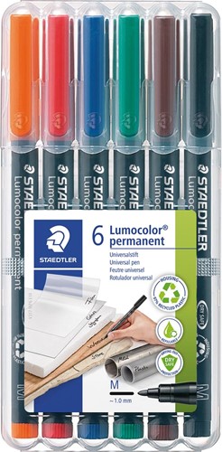 Staedtler Lumocoler 317, marqueur OHP, permanent, 1,0 mm, étui de 6 pièces en couleurs classiques assorti 6 Stuk