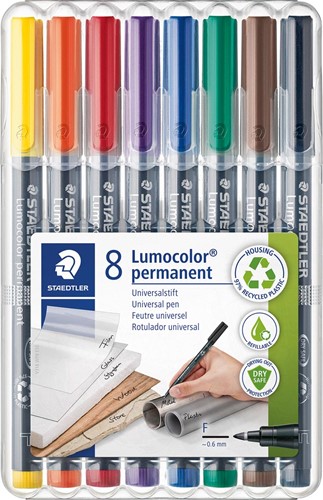 Staedtler Lumocoler 318, OHP-marker, permanent, 0,6 mm, etui van 8 stuks in geassorteerde kleuren 8 Stuk