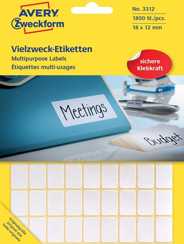 Avery Zweckform 3312 mini etiketten ft 18 x 12 mm (b x h), 1.800 etiketten, wit 1 PAK