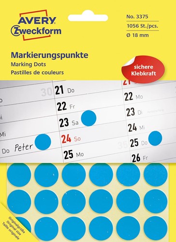 Avery Zweckform 3375 étiquettes rondes, diamètre 18 mm, 1.056 étiquettes, bleu 22 Vel