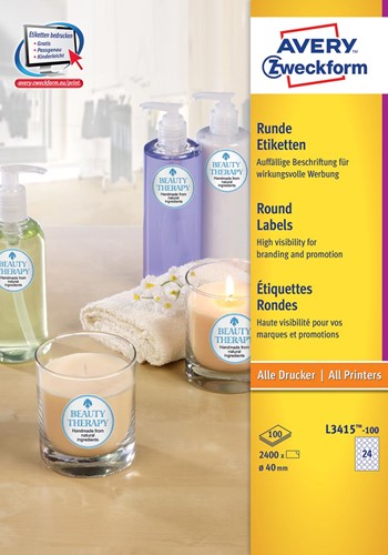 Avery Zweckform L3415-100 étiquettes rondes, diamètre 40 mm, 2400 étiquettes, blanc 100 Vel