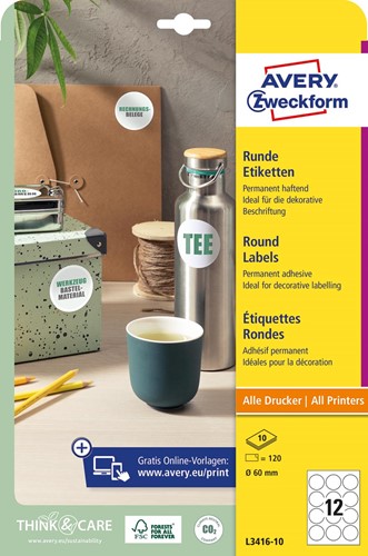 Avery Zweckform étiquettes rondes, diametre 60 mm, blanc, adhésif permanent, 120 étiquettes, 10 feuilles 10 Vel