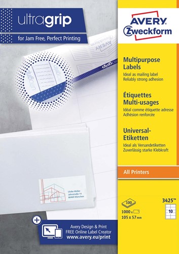 Avery Zweckform 3425, Universele etiketten, Ultragrip, wit, 100 vel, 10 per vel, ft 105 x 57 mm 100 Vel