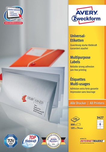 Avery Zweckform 3427, étiquettes universelles, Ultragrip, blanc, 100 feuilles, 105 x 74 mm 100 Vel