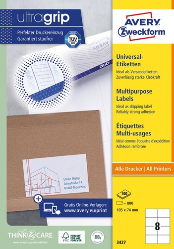 Avery Zweckform 3427, étiquettes universelles, Ultragrip, blanc, 200 feuilles, 105 x 74 mm 200 Vel