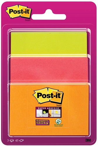 Post-it Super Sticky notes, 45 vel, 3 formaten, geassorteerde neon kleuren , op blister 3 Stuk