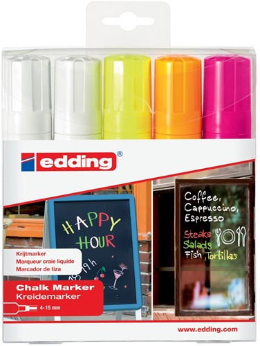 Edding krijtmarker e-4090 schuine punt etui van 5 stuks: 2 x wit, 1 x geel, 1 x oranje en 1 x roze 5 Stuk