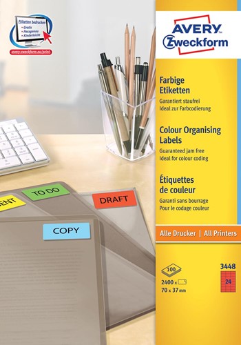 Avery Etiquettes ILC ft 70 x 37 mm (l x h), 2400 étiquettes par boîte, 24 par feuille, couleur: rouge 100 Vel