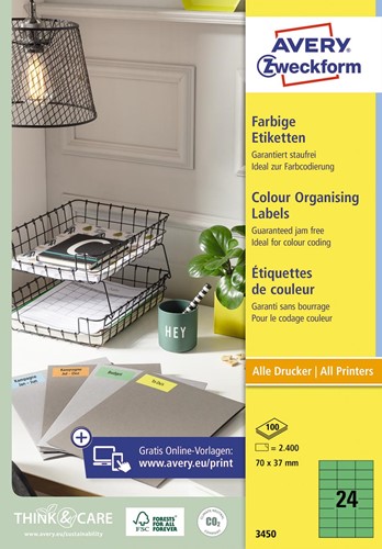 Avery étiquettes universelles colorées ft 70 x 37 mm (l x h), 2400 pièces, vert 100 Vel