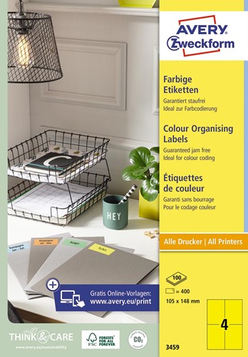 Avery étiquettes universelles colorées ft 105 x 148 mm (l x h), 400 pièces, jaune 100 Vel