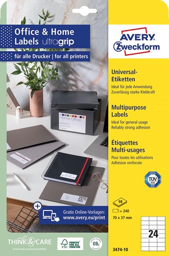 Avery Zweckform universele etiketten, 70 x 37 mm, wit, permanent klevend, 240 etiketten, 10 vellen