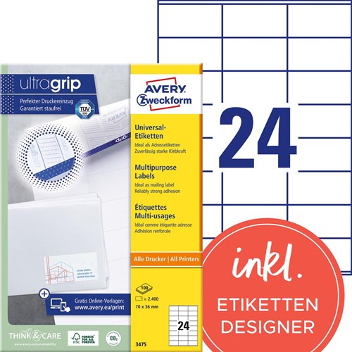 Avery Zweckform 3475, étiquettes universelles, Ultragrip, blanc, 200 feuilles, 70 x 36 mm 200 Vel-3