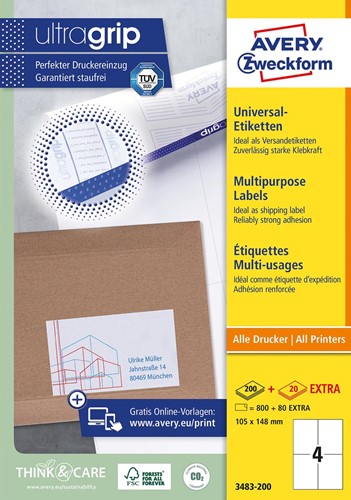 Avery Zweckform 3483-2, étiquettes universelles, Ultragrip, blanc, 200 feuilles, ft 105 x 148 mm 200 Vel