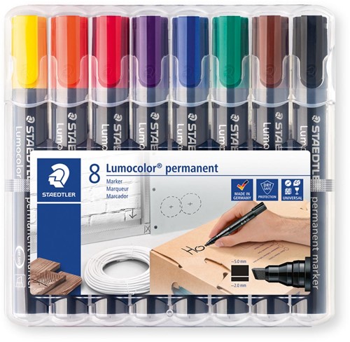 Staedtler Lumocolor 350, permanent marker, schuine punt, 2 - 5 mm, etui van 8 stuks in geassorteerde kleu