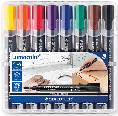 Staedtler Lumocolor 352, permanent marker, ronde punt, 2 mm, etui van 8 stuks in geassorteerde kleuren