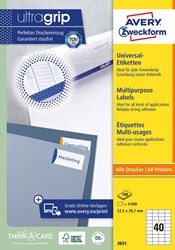 Avery Zweckform 3651, étiquettes universelles , Ultragrip, blanc, 100 feuilles, 52,5 x 29,7 mm 100 Vel