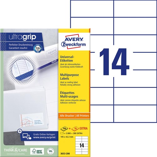 Avery Zweckform 3653, étiquettes universelles, Ultragrip, blanc, 200 feuilles, 105 x 42,3 mm 200 Vel-2