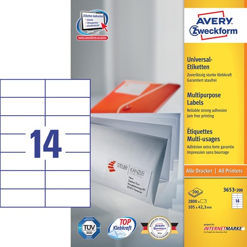 Avery Zweckform 3653, étiquettes universelles, Ultragrip, blanc, 200 feuilles, 105 x 42,3 mm 200 Vel-3