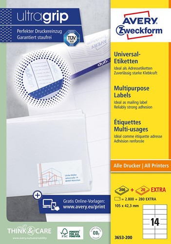 Avery Zweckform 3653, Universele etiketten, Ultragrip, wit, 200 vel, 14 per vel, 105 x 42,3 mm 200 Vel