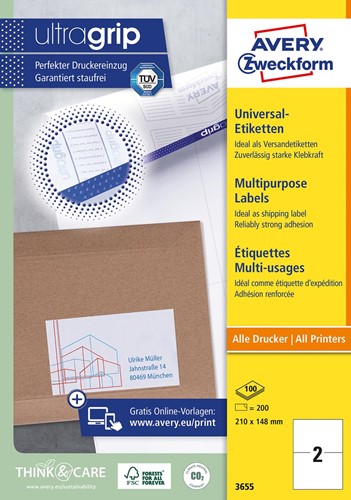 Avery Zweckform 3655, étiquettes universelles, Ultragrip, blanc, 100 feuilles, 210 x 148 mm 100 Vel