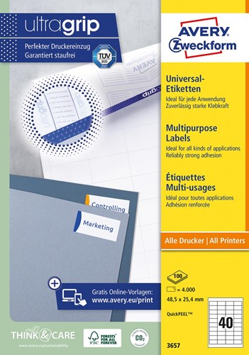 Avery Zweckform 3657, Universele etiketten, Ultragrip, wit, 100 vel, 40 per vel, 48,5 x 25,4 mm 100 Vel