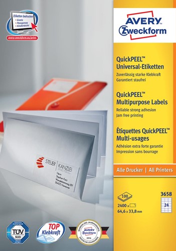 Avery Zweckform 3658, Universele etiketten, Ultragrip, wit, 100 vel, 24 per vel, 64,6 x 33,8 mm 100 Vel