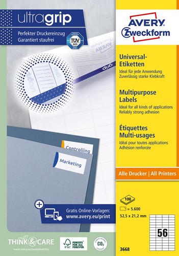 Avery Zweckform 3668, Universele etiketten, Ultragrip, wit, 100 vel, 56 per vel, 52,5 x 21,2 mm 100 Vel