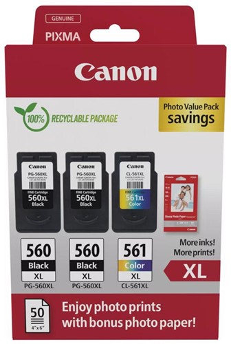 Canon photo value pack 2 x PG-560XL + 1 x CL-561XL, 300 - 400 pages, OEM 3712C012, 4 couleurs