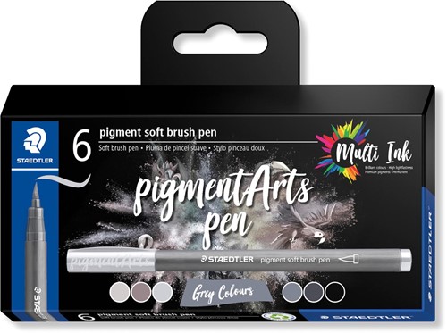 Staedtler Pigment Arts soft brush pen, étui de 6 pièces, échelle de gris