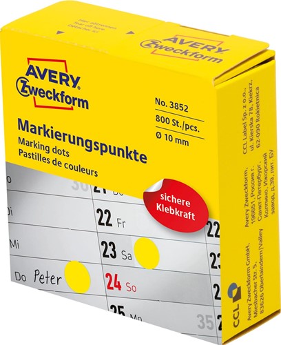 Avery marking dots, diamètre 10 mm, rouleau avec 800 pièces, jaune